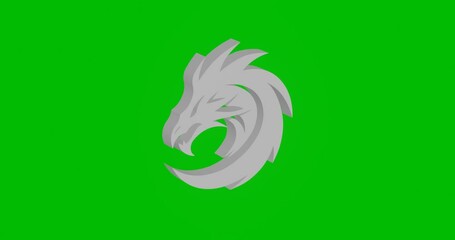 Poster - Animation of rotation of a white dragon's head symbol with shadow. Simple and complex rotation. Seamless looped 4k animation on green chroma key background