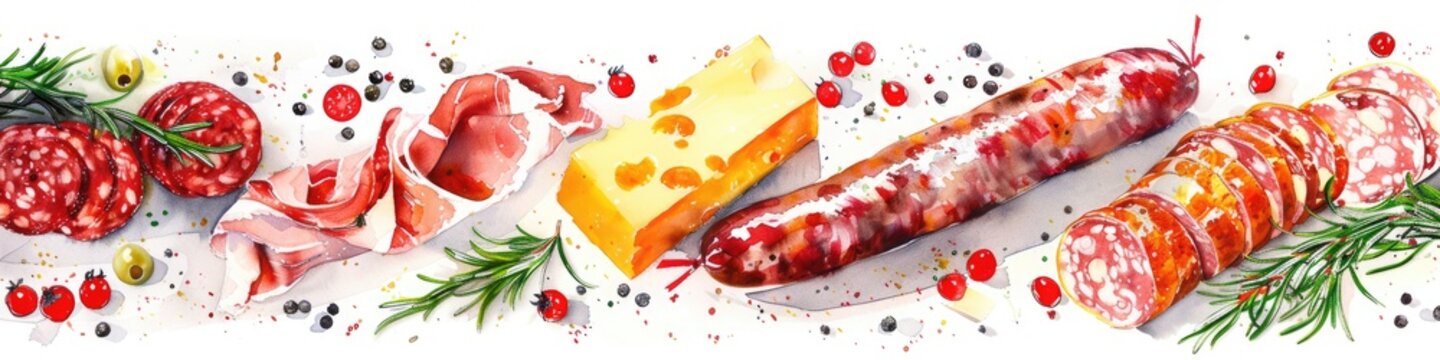 Watercolor Drawing of Delicious Panoramic Kitchen Prepared Snacks with Smoked Meat, Sausages, and Cheese on White Surface