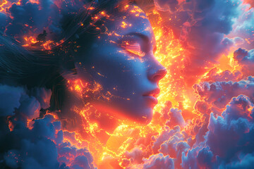 Wall Mural - Surreal cosmic woman in fiery clouds