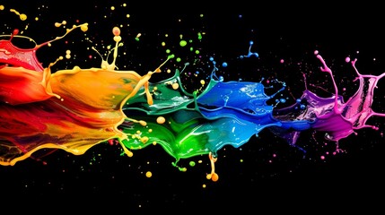 Sticker - Vibrant display of paint splashes with a spectrum of colors including red, orange, yellow, green, blue, and purple, set against a black background