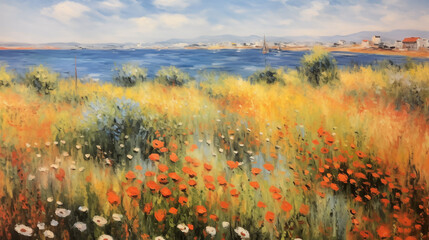 Poster - Summer landscape with red poppies and distant coastline Impressionist art