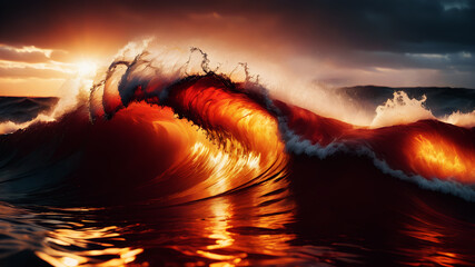 Wall Mural - Create an abstract background with dynamic waves in fiery hues of red, orange, and yellow. The waves should have a vibrant energy, with sharp contrasts and smooth transitions between colors