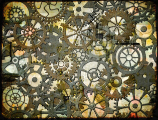 Poster - Horizontal or vertical grunge background with retro gears. Vintage transmission cogwheels and gears. Can be used for industrial, technical, mechanical and steampunk design