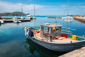 Old fishing boat, moored near Stintino Bay (Sassari Province, Sardinia Island, Italy), a well-known tourist resort in northern Sardinia.