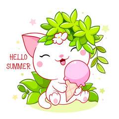 Wall Mural - Cute season card in kawaii style. Lovely little cat with ice cream and green leaves. Inscription Hello summer. Can be used for t-shirt print, stickers, greeting card design. Vector illustration EPS8