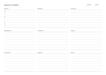 Wall Mural - A weekly plan design template in a modern, simple, and minimalist style. Note, scheduler, diary, calendar, planner document template illustration.