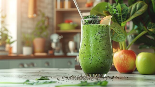 A close-up of a vibrant green detox smoothie made from kale, spinach, and apple, in a glass tumbler with a metal straw, set on a modern kitchen counter with a blurred background.