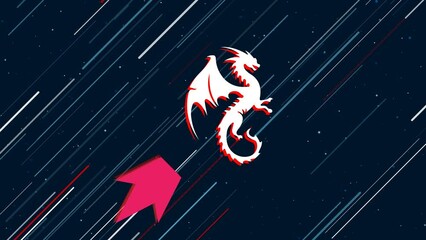 Poster - Dragon symbol flies through the universe on a jet propulsion. The symbol in the center is shaking due to high speed. Seamless looped 4k animation on dark blue background with stars