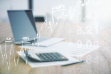 Poster - Double exposure of virtual creative financial diagram on calculator and pc background, banking and accounting concept