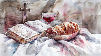 A watercolor painting depicting a Bible, bread, and a glass of wine. The scene evokes a sense of spirituality and contemplation