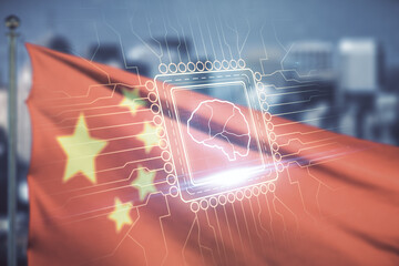 Poster - Virtual creative artificial Intelligence hologram with human brain sketch on flag of China and blurry skyscrapers background. Multiexposure