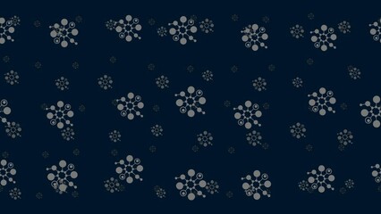 Poster - Molecule symbols float horizontally from left to right. Parallax fly effect. Floating symbols are located randomly. Seamless looped 4k animation on dark blue background