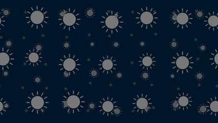 Poster - Suns float horizontally from left to right. Parallax fly effect. Floating symbols are located randomly. Seamless looped 4k animation on dark blue background