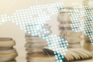 Poster - Abstract virtual world map with connections on stacks of coins background, international trading concept. Multiexposure