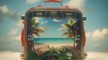 Wall Mural - A suitcase with a view of a beach and a plane flying in the sky