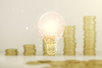 Aufkleber - Virtual Idea concept with light bulb illustration on stacks of coins background. Multiexposure