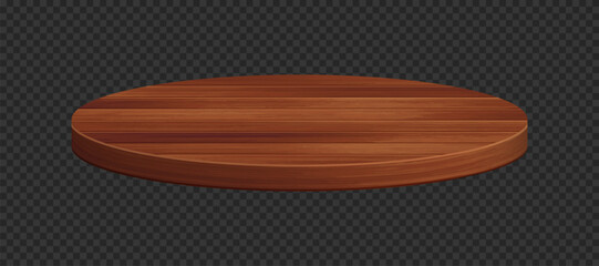 Vector 3d wooden circle podium. Round empty dark wood pedestal on transparent background. Natural product display presentation scene template element, realistic tabletop.
