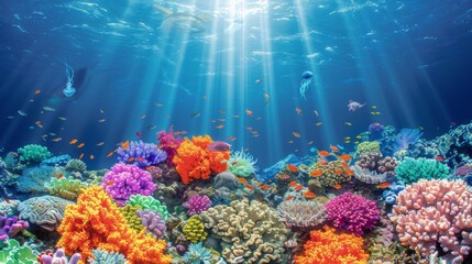 Wall Mural - A colorful coral reef with many fish swimming around