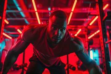 Wall Mural - Personal trainer providing motivation in a dynamic red-hued gym setting