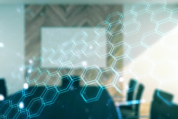 Aufkleber - Abstract virtual wireless technology hologram with hexagon on a modern coworking room background, artificial intelligence and machine learning concept. Multi exposure