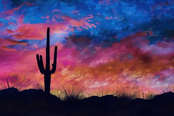 Sticker - Picturesque desert scene at twilight with silhouette of a cactus and colorful sky