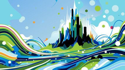 Wall Mural - Abstract Colorful Cityscape with Vibrant Waves and Bubbles