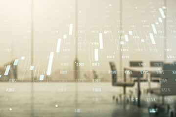 Poster - Multi exposure of abstract virtual graphic data spreadsheet sketch on a modern furnished classroom background, analytics and analysis concept