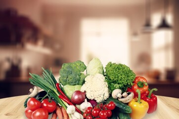 Poster - Home kitchen table with fresh vegetables food