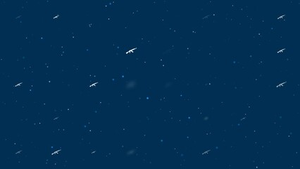 Poster - Template animation of evenly spaced assault rifles of different sizes and opacity. Animation of transparency and size. Seamless looped 4k animation on dark blue background with stars