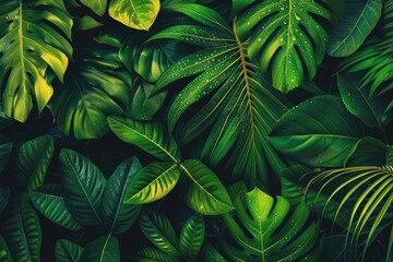 Vibrant green tropical leaves with intricate patterns and textures, creating a lush and natural background image.