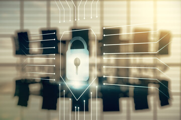 Aufkleber - Virtual creative lock illustration with microcircuit on a modern coworking room background, cyber security concept. Multiexposure