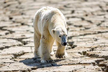 Sticker - Polar bear walking on bare dry ground on sunny hot day