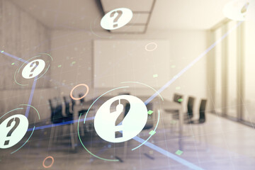 Aufkleber - Double exposure of abstract virtual question mark hologram on a modern meeting room background. Sociology and psychology concept