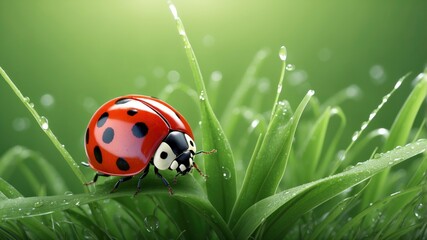 Wall Mural - Dew and a ladybug on grass, a serene wallpaper option