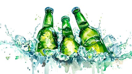 Sticker - Three green beer bottles in splashing water. A dynamic and refreshing portrayal. High-quality illustration for advertising and design concepts. Beer bottle splash. AI