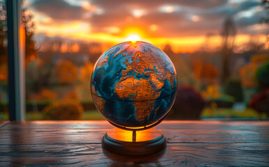 globe of the world on wooden desk on beautiful sunset background