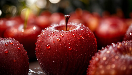 Wall Mural - Red apples. Wet apples in water drops. AI generated