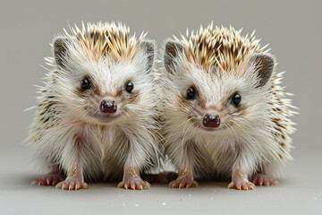 Wall Mural - Two cute hedgehogs are sitting next to each other on gray background.