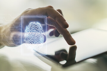 Aufkleber - Multi exposure of abstract graphic fingerprint sketch and hand working with a digital tablet on background, fingerprint scan data concept