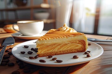 Slice of delicious marble cake with coffee beans on a plate, next to a cup of coffee on a wooden table in a cozy cafe setting.