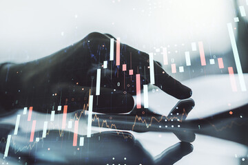 Poster - Abstract creative financial graph with finger clicks on a digital tablet on background, forex and investment concept. Multiexposure