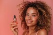 © Rainister - Model holding a serum mockup with style focus on, skincare, vibrant, Manipulation, Minimalist studio backdrop