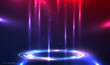 © SappawatS - Neon Sci Fi futuristic circle portal. Teleport podium, display, stage technology with light and sparkles. Hi-tech technology design for showcase. Cyberpunk style. Digital HUD GUI UI. Tech Vector EPS10