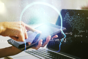 Poster - Creative artificial Intelligence concept with human head hologram and finger clicks on a digital tablet on background. Multiexposure