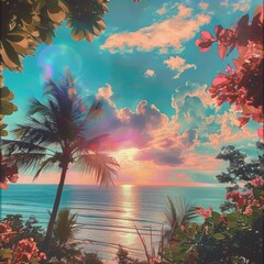 Wall Mural - A stunning tropical sunset over the ocean with palm trees and vibrant skies, capturing the serene beauty of nature. Perfect for travel and vacation themes.