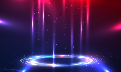 Poster - Neon Sci Fi futuristic circle portal. Teleport podium, display, stage technology with light and sparkles. Hi-tech technology design for showcase. Cyberpunk style. Digital HUD GUI UI. Tech Vector EPS10