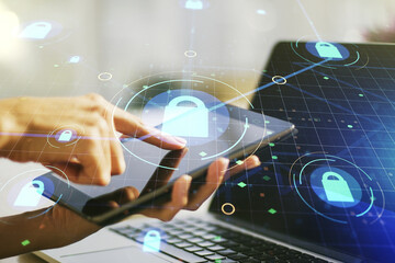 Poster - Creative idea concept with lock symbol and microcircuit illustration and with finger clicks on a digital tablet on background. Protection and firewall concept. Multiexposure