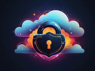 Digital Abstract illustration of cloud security services, stylized cloud icon integrated with a secure padlock symbol, representing data protection and cybersecurity in cloud computing environments
