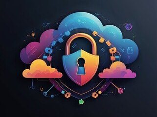 Digital Abstract illustration of cloud security services, stylized cloud icon integrated with a secure padlock symbol, representing data protection and cybersecurity in cloud computing environments
