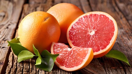 Canvas Print - Fresh grapefruits on rustic wooden table. Close-up of juicy grapefruit slices and whole fruits. Healthy and refreshing. Perfect for summer themes. AI